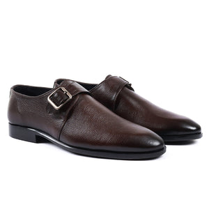 Men's Premium Brown Leather Monk Strap Shoes with Silver Buckle