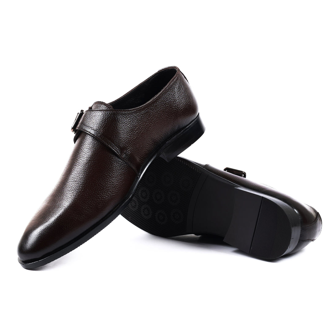 Men's Premium Brown Leather Monk Strap Shoes with Silver Buckle