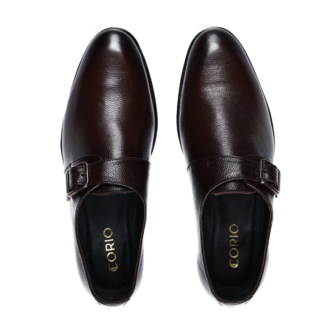 Men's Premium Brown Leather Monk Strap Shoes with Silver Buckle