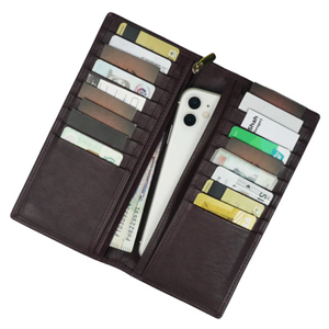 Classic Leather Long Wallet – 12-Slot Card Organizer with Zipper Coin Pocket & Smartphone Compartment