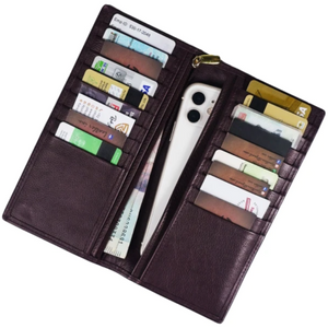 Brown leather wallet with multiple card slots and a phone pocket on a white background