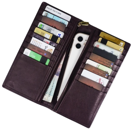 Brown leather wallet with multiple card slots and a phone pocket on a white background