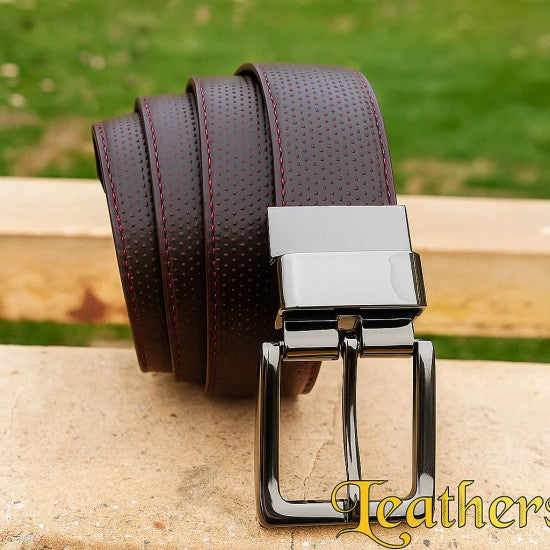 Double Sided Dark Brown Dotted Dress Leather Belt For Men