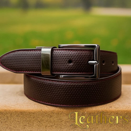 Double Sided Dark Brown Dotted Dress Leather Belt For Men