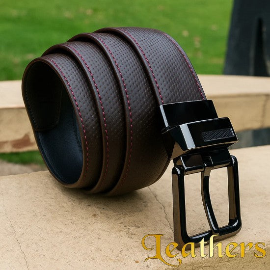 Double Sided Dark Brown Dotted Dress Leather Belt For Men