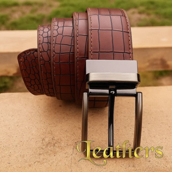 Double Sided Crocodile Style Brown Men's Leather Belt