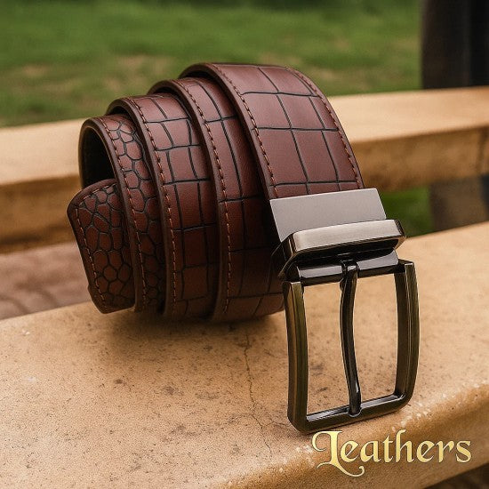 Double Sided Crocodile Style Brown Men's Leather Belt