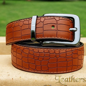 Double Sided Crocodile Style Mustard Men's Leather Belt