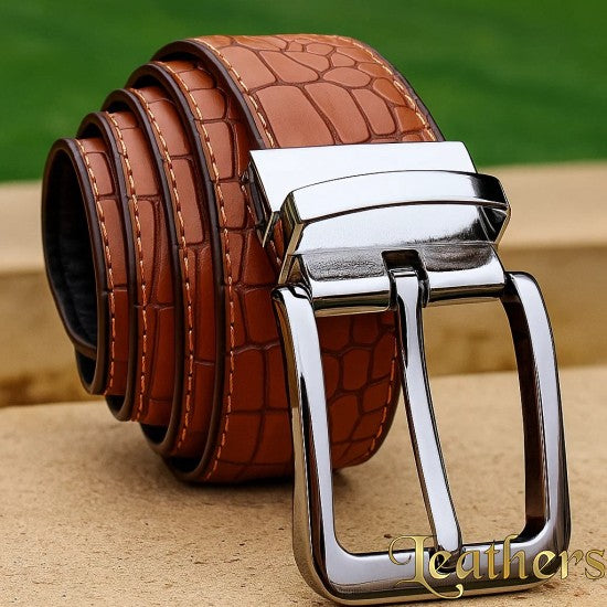 Double Sided Crocodile Style Mustard Men's Leather Belt