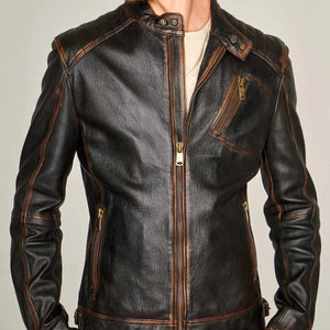 Durham Waxed | Men's Black Leather Biker Jacket with Brown Accents