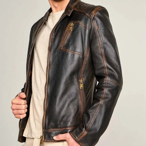Durham Waxed | Men's Black Leather Biker Jacket with Brown Accents