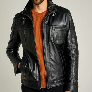 Rockafella | Men's Black Sheepskin Leather Biker Jacket