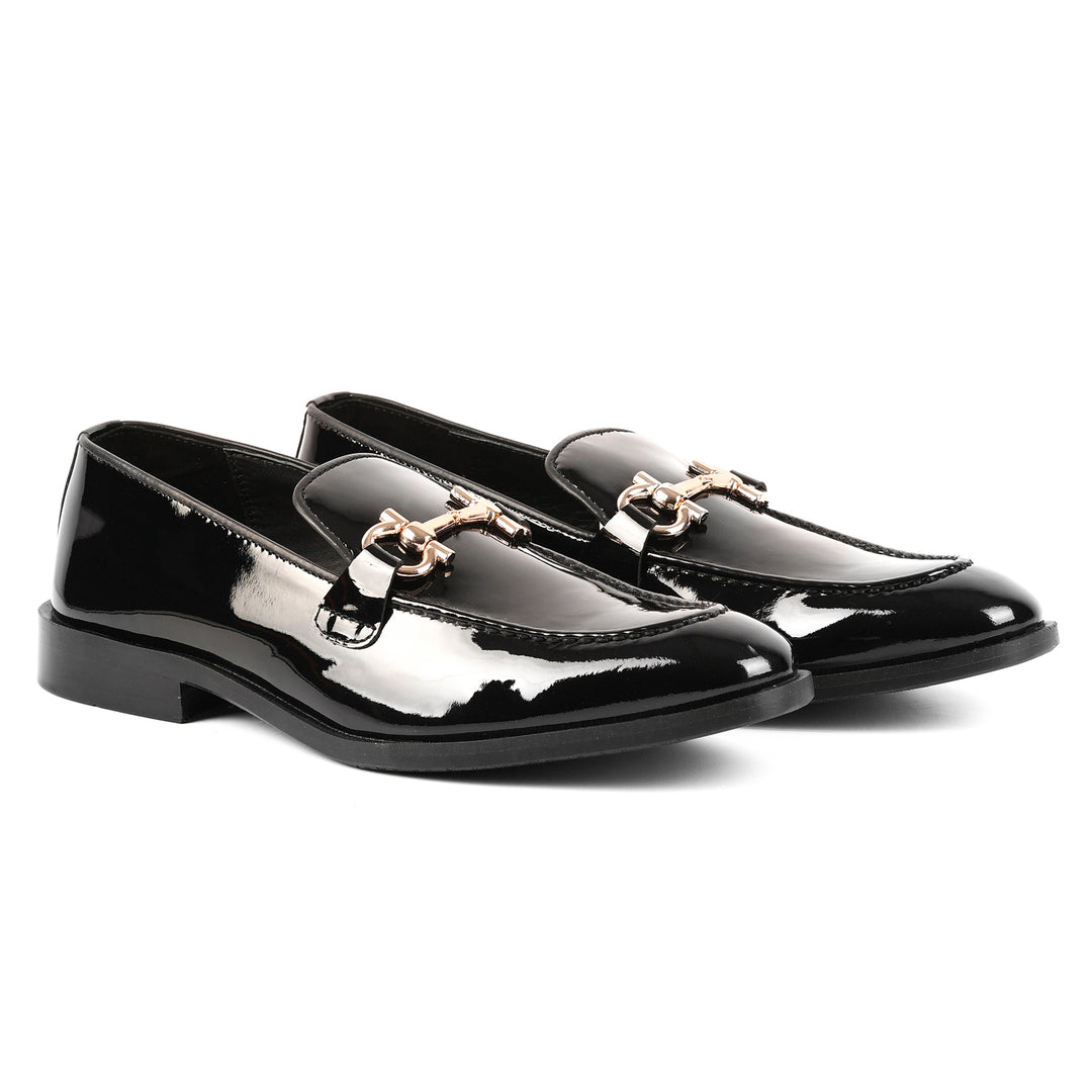 Men's Patent Leather Bit Loafers - Glossy Black with Rose Gold Hardware