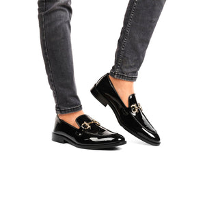 Men's Patent Leather Bit Loafers - Glossy Black with Rose Gold Hardware
