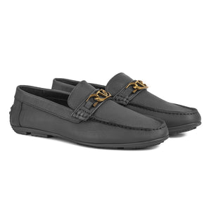 Men's Pebbled Leather Driving Loafers - Charcoal Grey with Antique Gold Bit