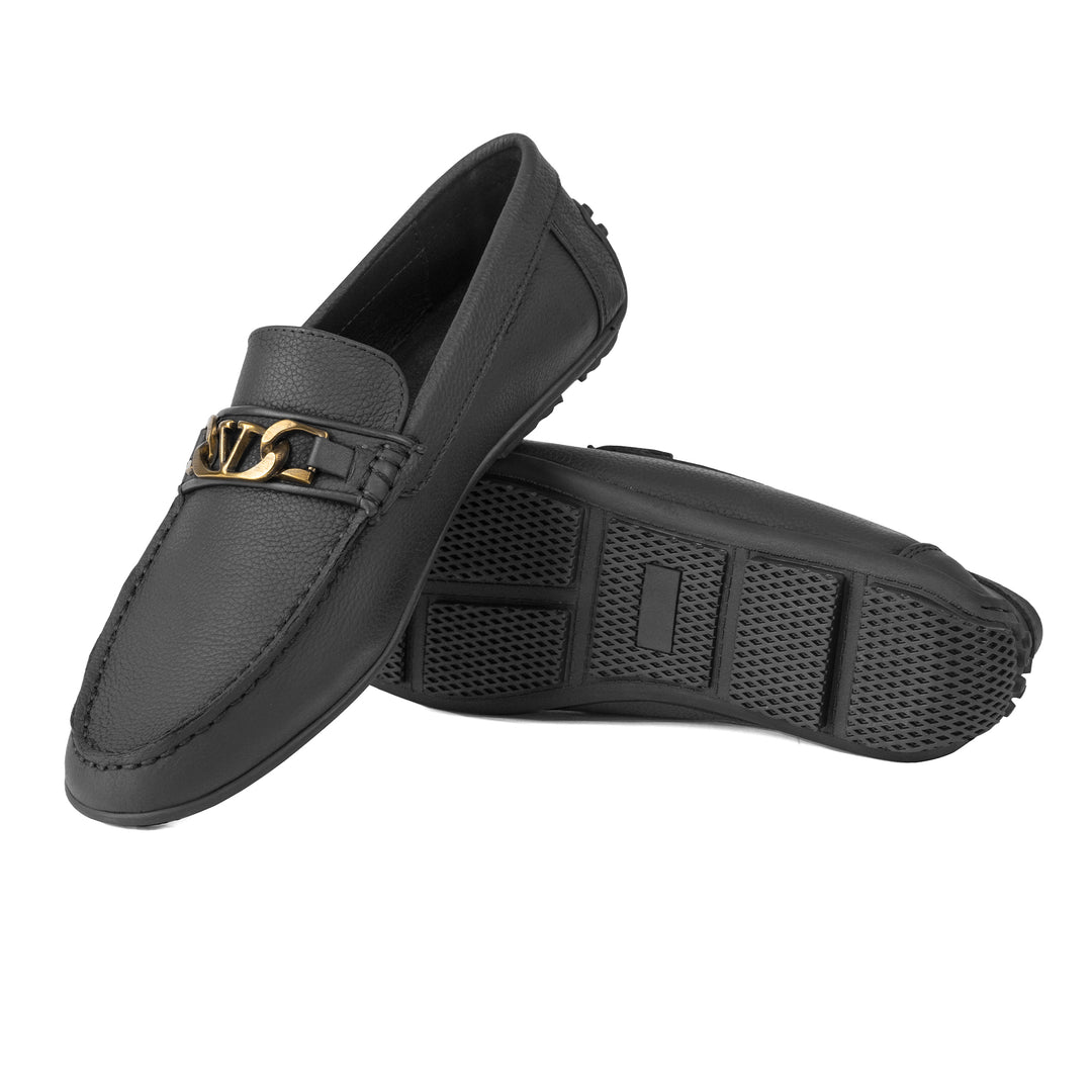 Men's Pebbled Leather Driving Loafers - Charcoal Grey with Antique Gold Bit