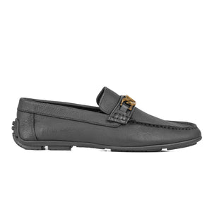 Men's Pebbled Leather Driving Loafers - Charcoal Grey with Antique Gold Bit