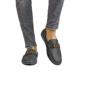 Men's Pebbled Leather Driving Loafers - Charcoal Grey with Antique Gold Bit