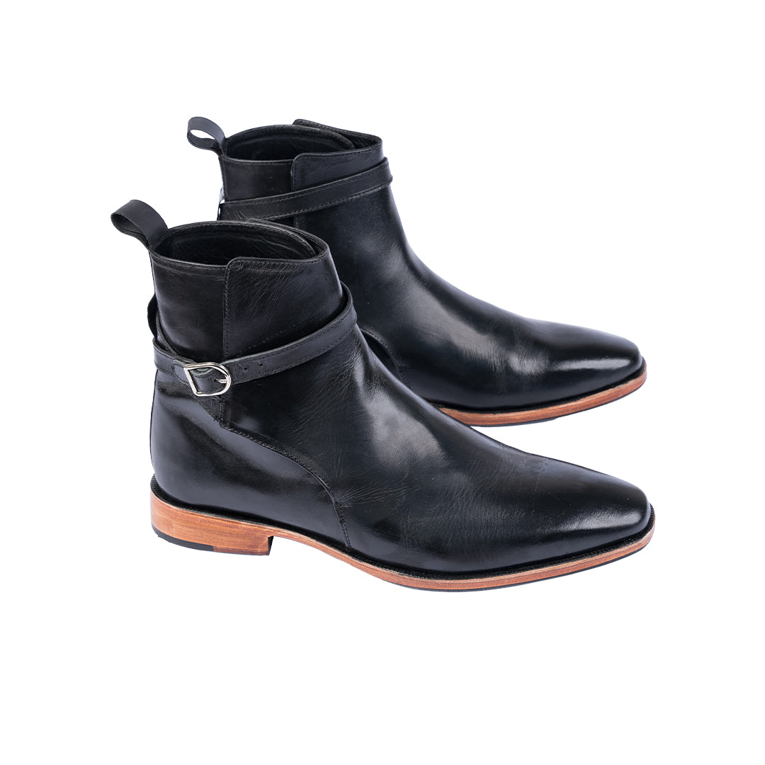Polished Black Leather Ankle Boots with Natural Sole