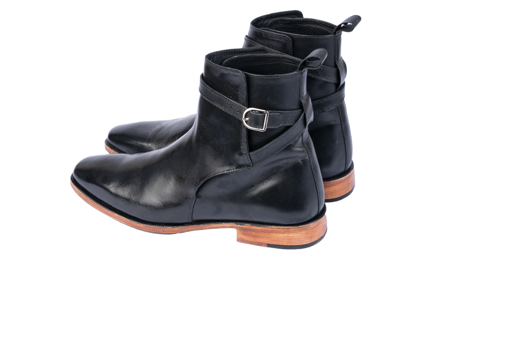 Polished Black Leather Ankle Boots with Natural Sole