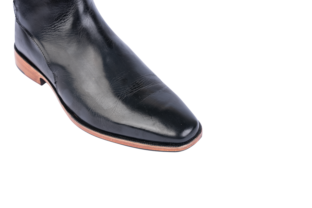 Polished Black Leather Ankle Boots with Natural Sole