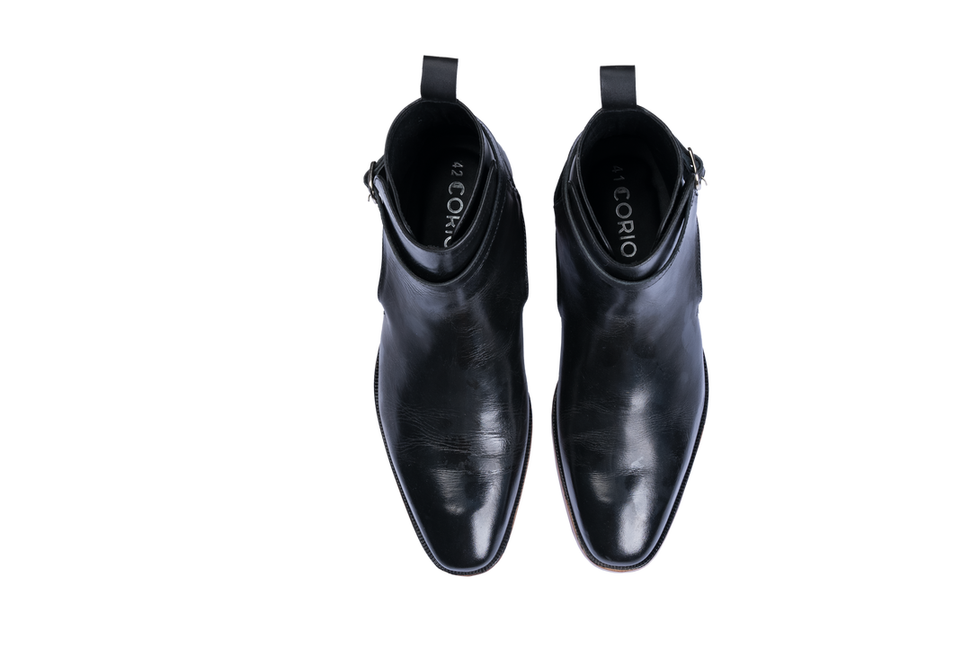 Polished Black Leather Ankle Boots with Natural Sole