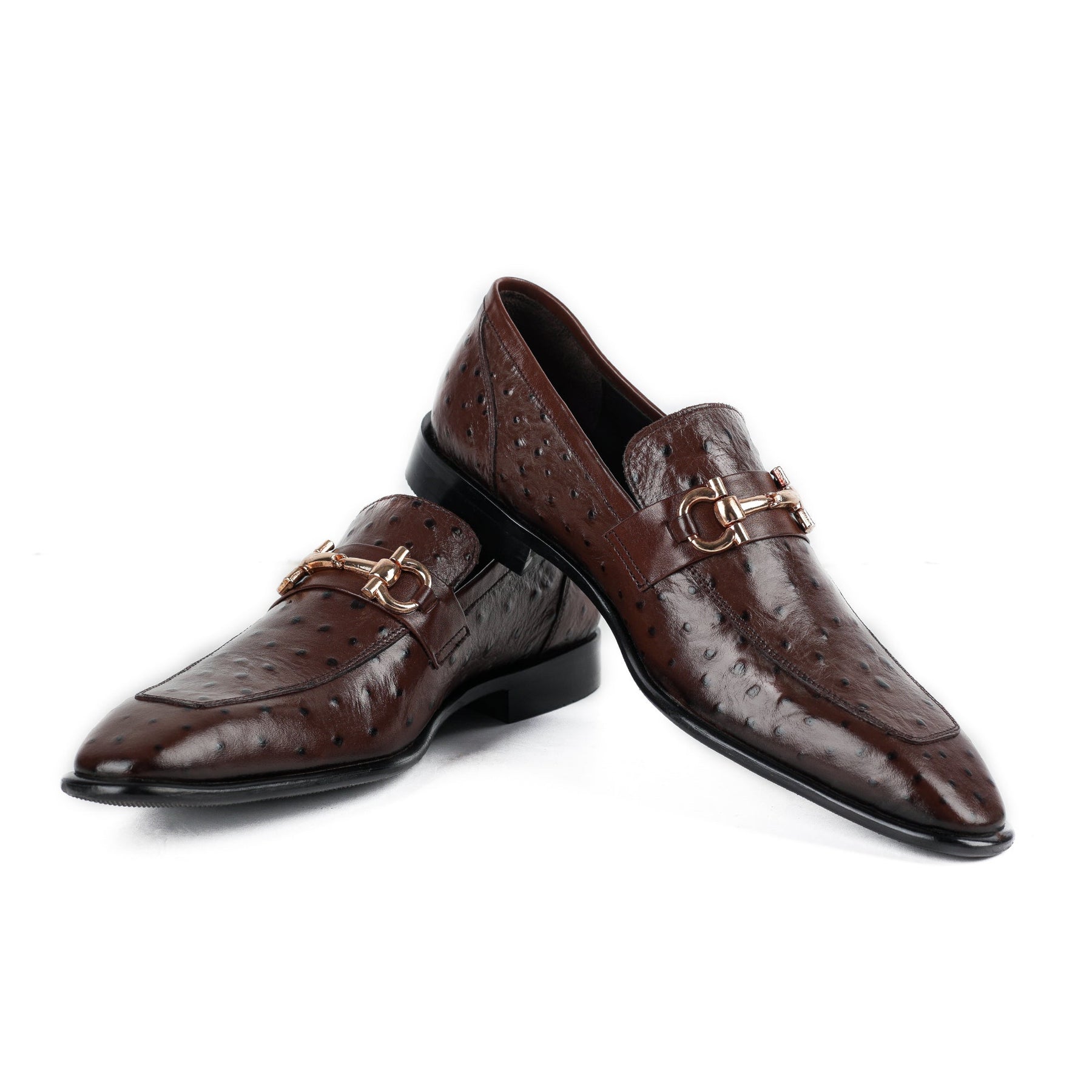 Men's Brown Ostrich-Effect Leather Horsebit Loafers
