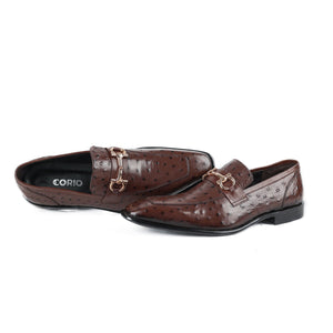 Men's Brown Ostrich-Effect Leather Horsebit Loafers