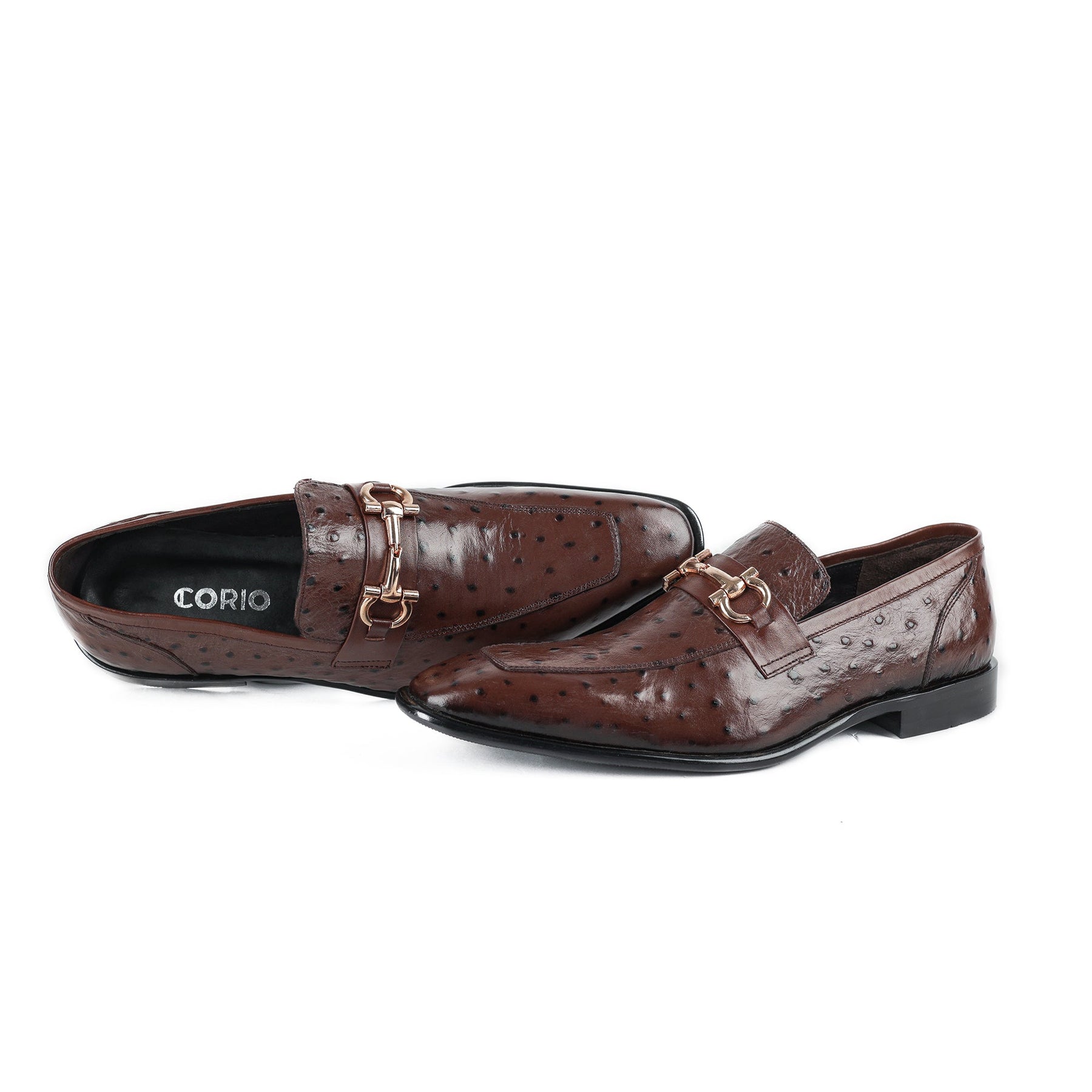 Men's Brown Ostrich-Effect Leather Horsebit Loafers