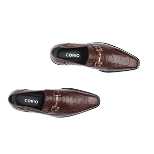 Men's Brown Ostrich-Effect Leather Horsebit Loafers