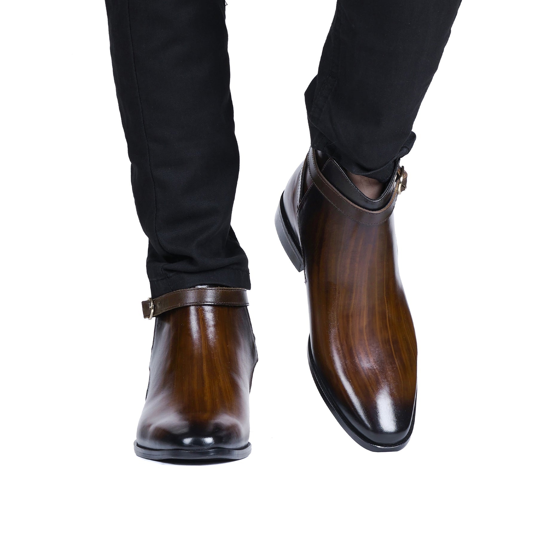 Hand-Finished Buckle Strap Boots (Dark Brown Patina)