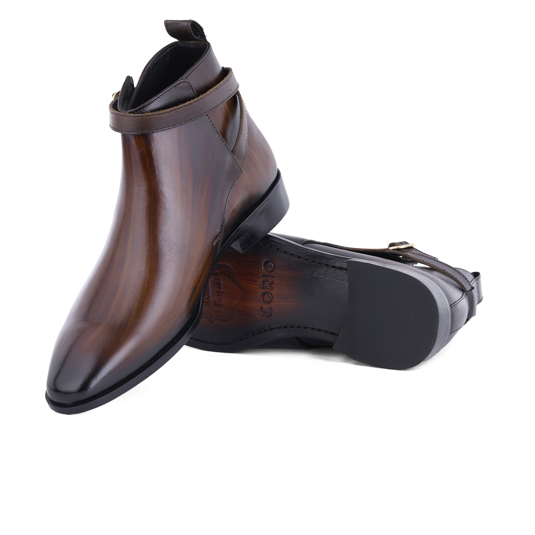 Hand-Finished Buckle Strap Boots (Dark Brown Patina)