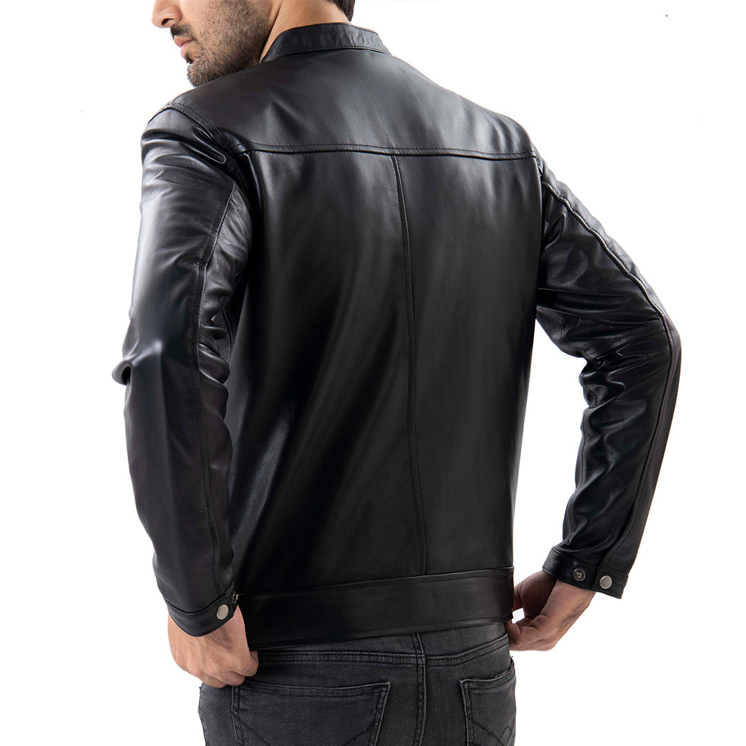 Black Mens Pure Sheep Leather Zipper Front Pockets Jacket