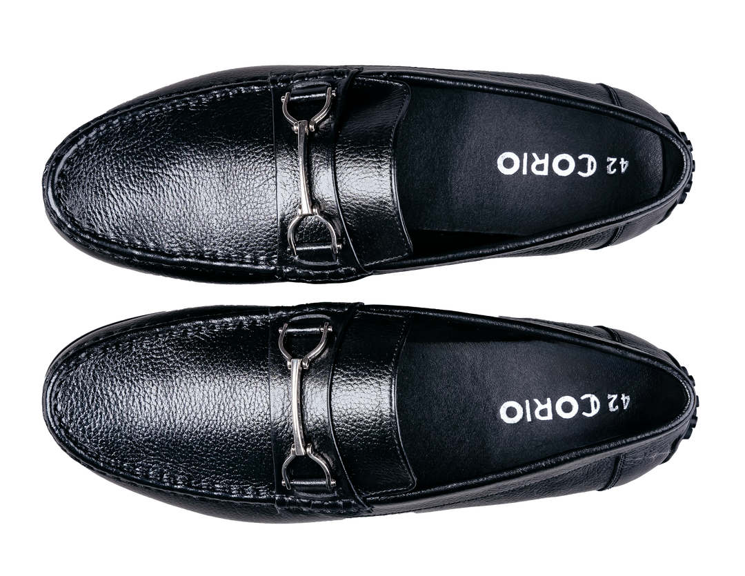 Men's Black Pebbled Leather Horsebit Loafers